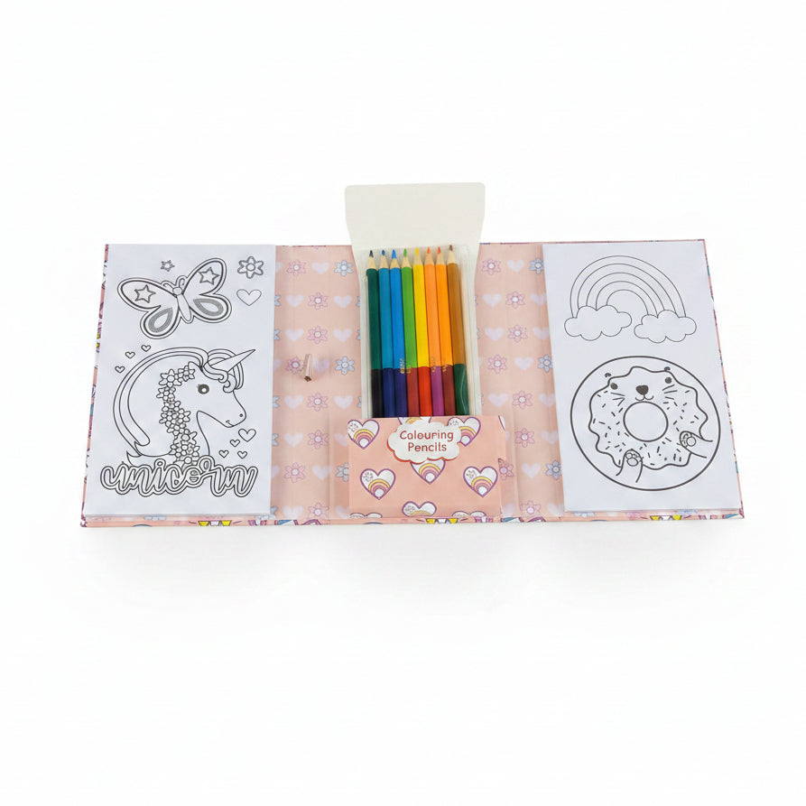 An open children's coloring book set on a white background, featuring white coloring pages with black line art of a unicorn, rainbow, and donut