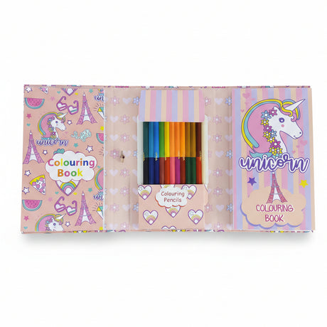 A pastel unicorn-themed coloring book set with a matching pencil case holding colored pencils