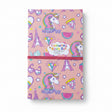 A pink 'Unicorn Colouring Book Set' with a whimsical pattern of unicorns, rainbows, stars, and Paris Eiffel Tower silhouettes