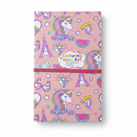A pink 'Unicorn Colouring Book Set' with a whimsical pattern of unicorns, rainbows, stars, and Paris Eiffel Tower silhouettes