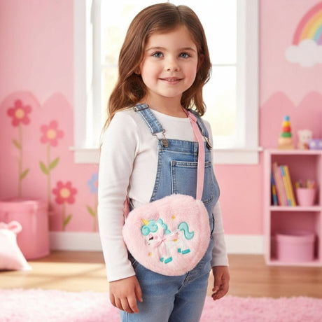 Girl wearing a fluffy pink plush unicorn cross body bag with a mint mane over denim overalls