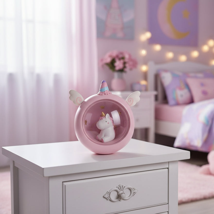 Pink unicorn night light switched off, angled on a white nightstand in a soft lilac nursery
