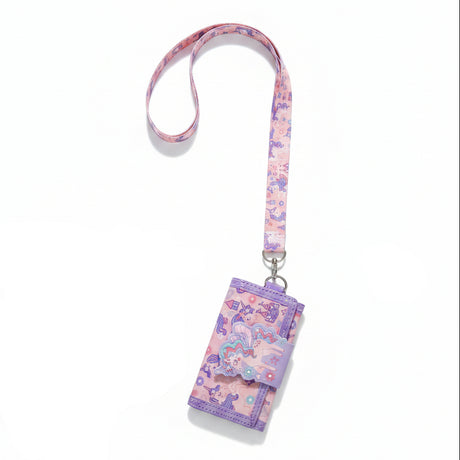 Lilac unicorn trifold wallet with a 3D rainbow unicorn flap and matching pink printed neck lanyard