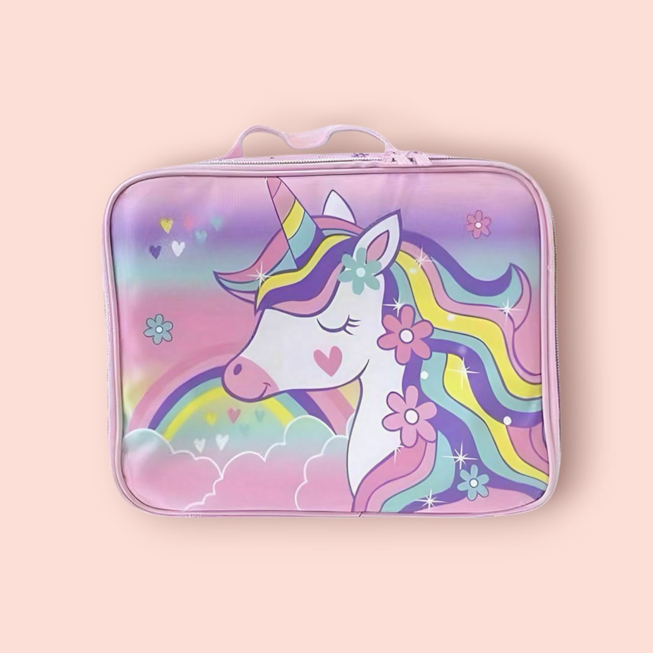 Children's lunch bag with a colorful unicorn design on a pink background
