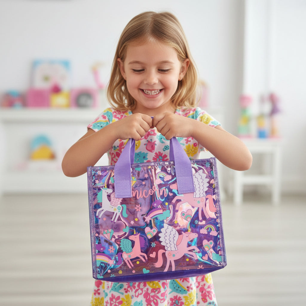 Happy girl in a floral top holding a purple unicorn tote in a bright playroom