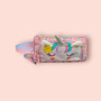 Unicorn-themed pouch with colorful design on a pink background