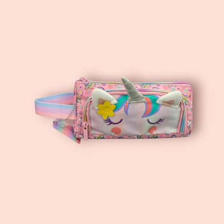 Unicorn-themed pouch with colorful design on a pink background