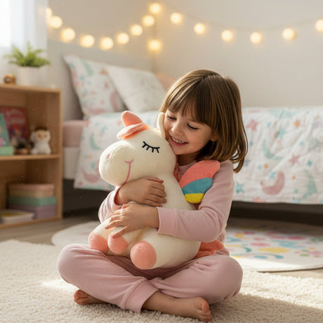 Girl hugging a large cream unicorn plush with closed sleeping eyes and a rainbow wing