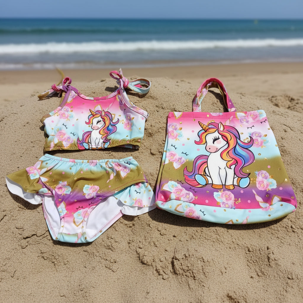 Children's swimsuit set with unicorn design and matching tote bag on a gray background