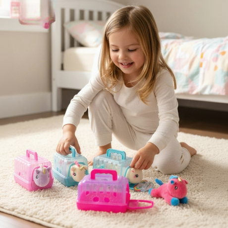 Four mini unicorn carriers in pink, lilac and blue with a loose plush unicorn beside them