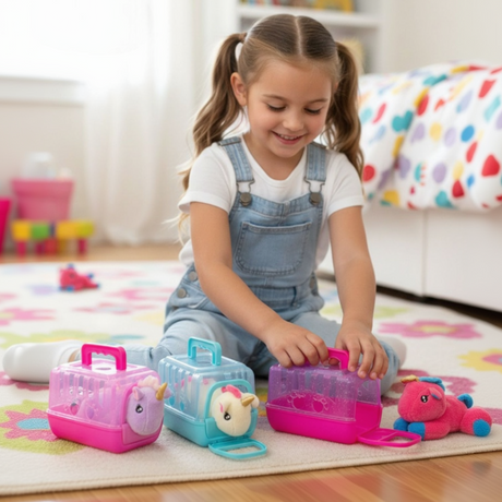 Translucent pink, blue and purple mini pet carriers with plush unicorns inside