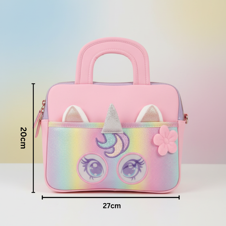 Pastel rainbow unicorn tablet bag with horn and flower, marked 27cm by 20cm