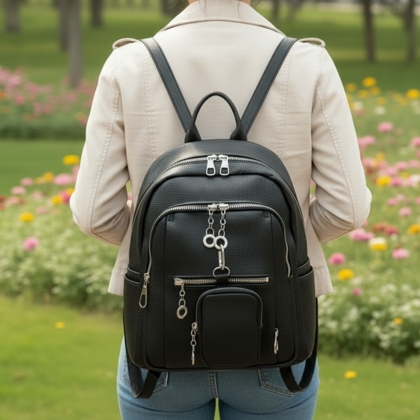 Close up of the textured finish and zipper pocket detail