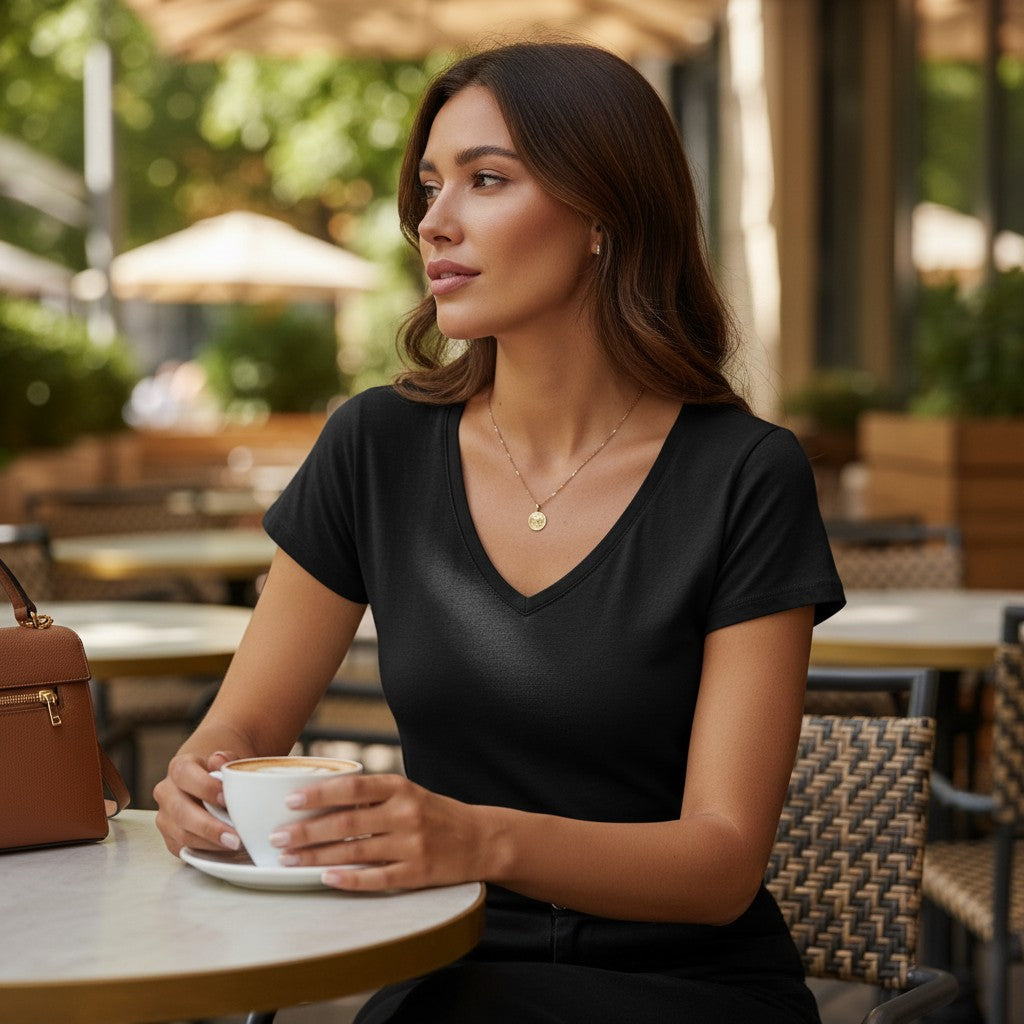 Black V neck tee with short sleeves worn with a gold pendant necklace