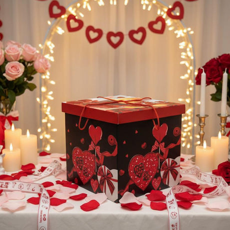 Large black gift box with red hearts and ribbon under fairy lights