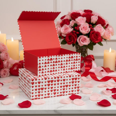 Red and white heart print magnetic gift box with roses