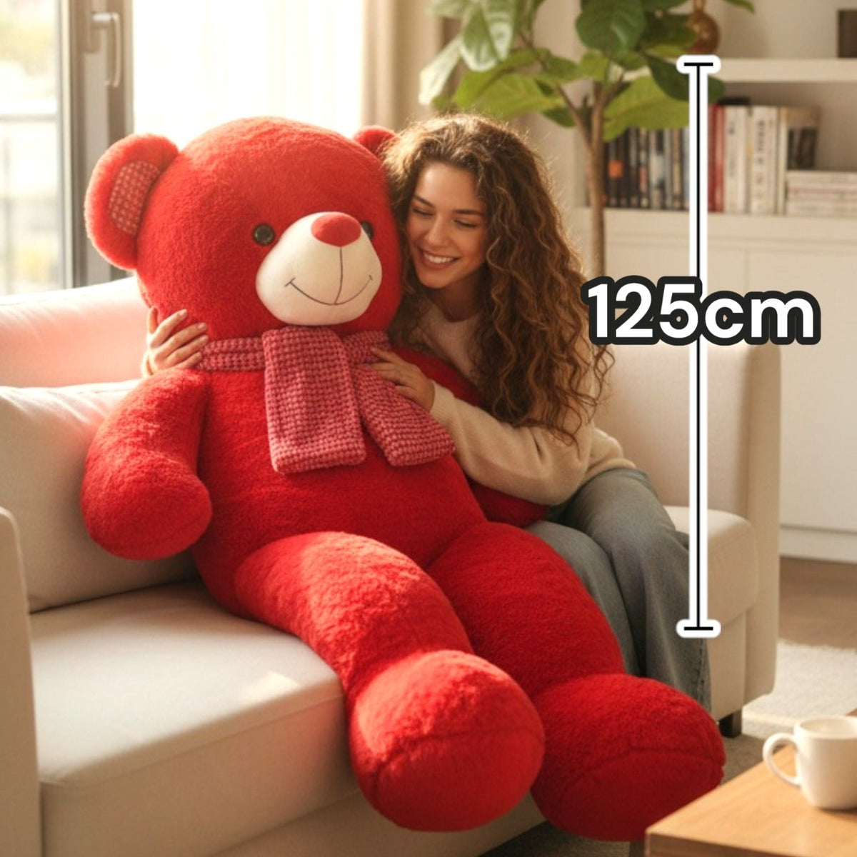 Woman hugging the red teddy bear on a sofa beside a 125cm measuring line