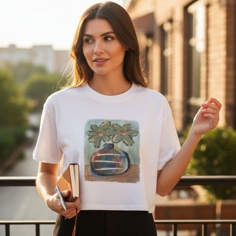 Woman wearing a white crop top with a floral design, holding a book outdoors