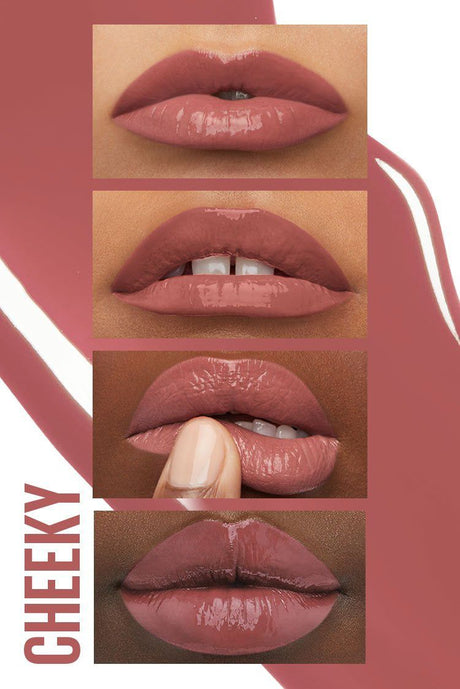 Cheeky shade worn on four different skin tones showing the high shine finish