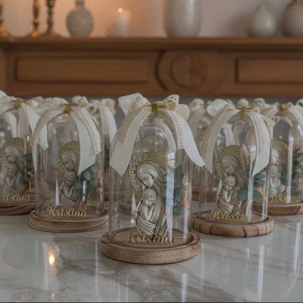 Madonna relief with a pierced gold filigree halo above sage green dried stems