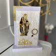 Standing Virgin with open lowered hands and no halo, lettered Pray For Us