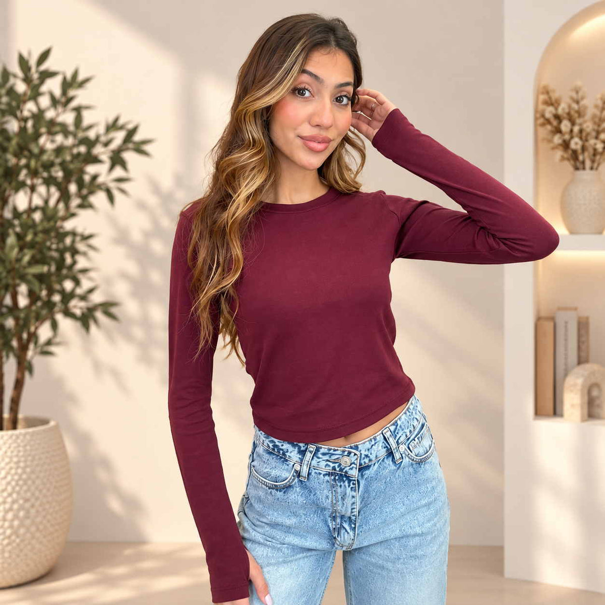 Burgundy Fitted Crew Neck Long Sleeve Top
