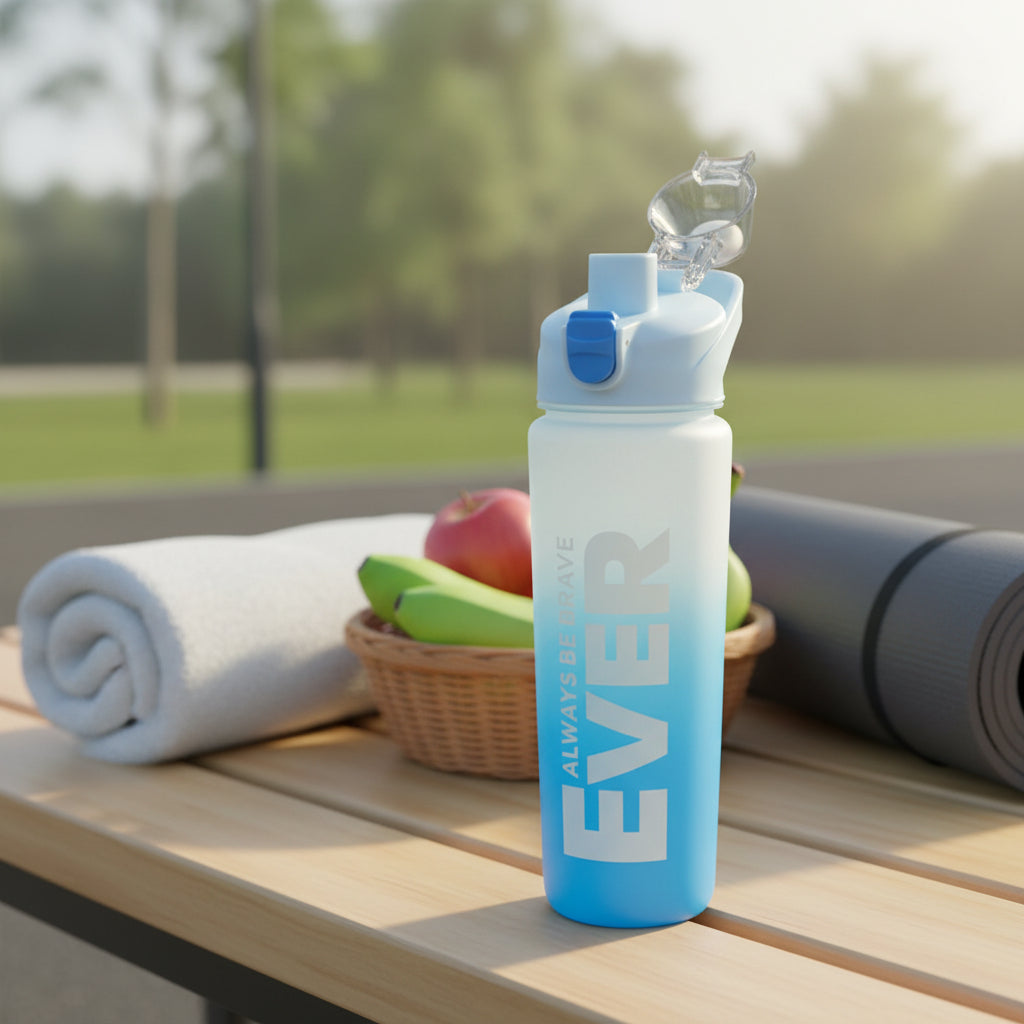 Blue frosted water bottle showing the slogan panel and the lid catch