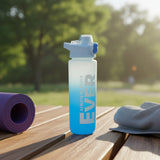 Blue frosted water bottle with a push button flip lid and a bold motivational slogan