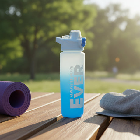 Blue frosted water bottle with a push button flip lid and a bold motivational slogan