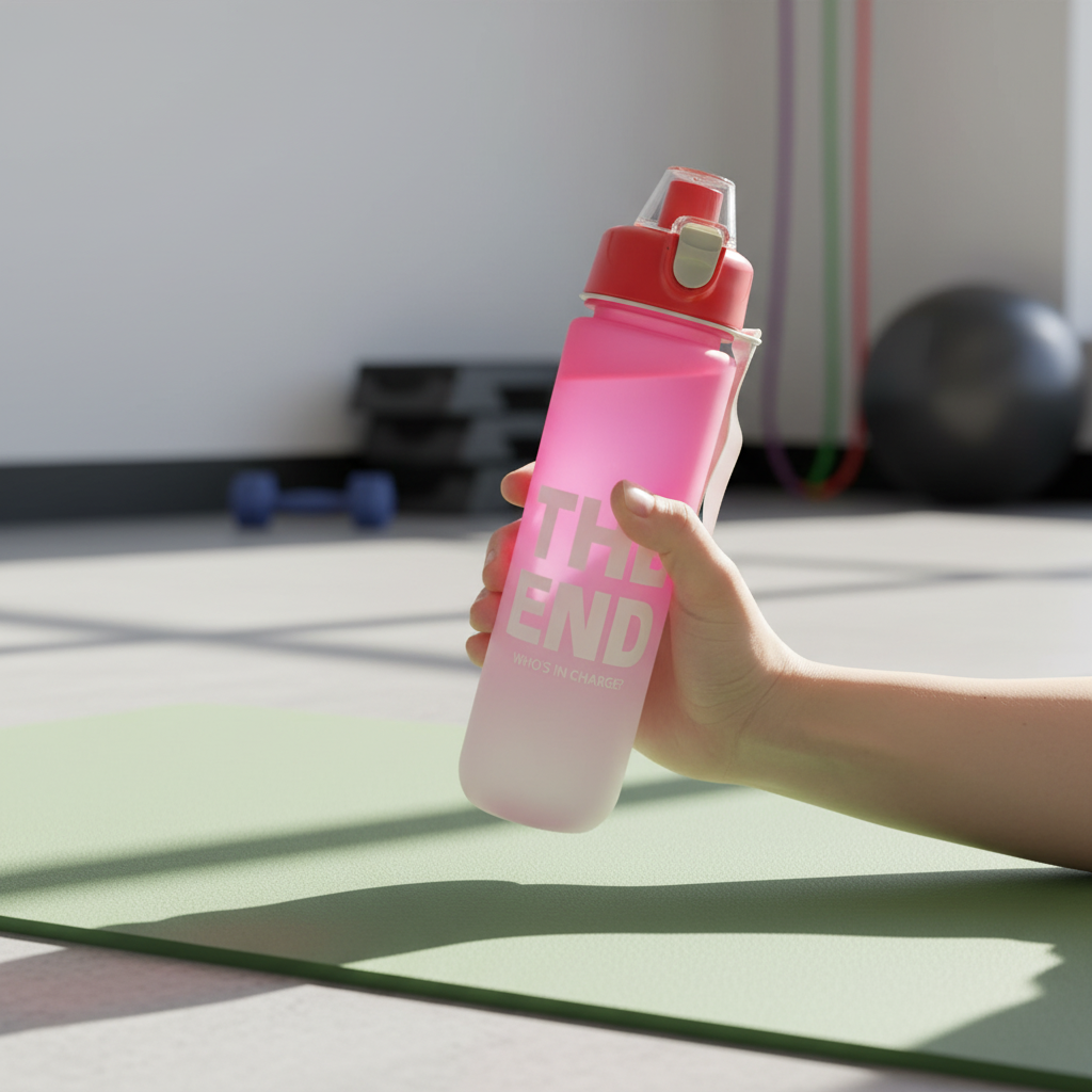 Frosted ombre water bottle in pink printed with motivational word panels