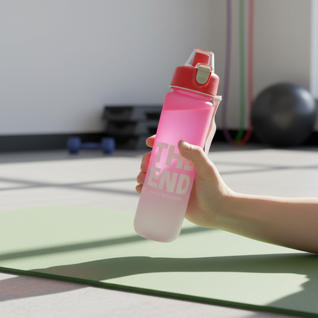 Frosted ombre water bottle in pink printed with motivational word panels