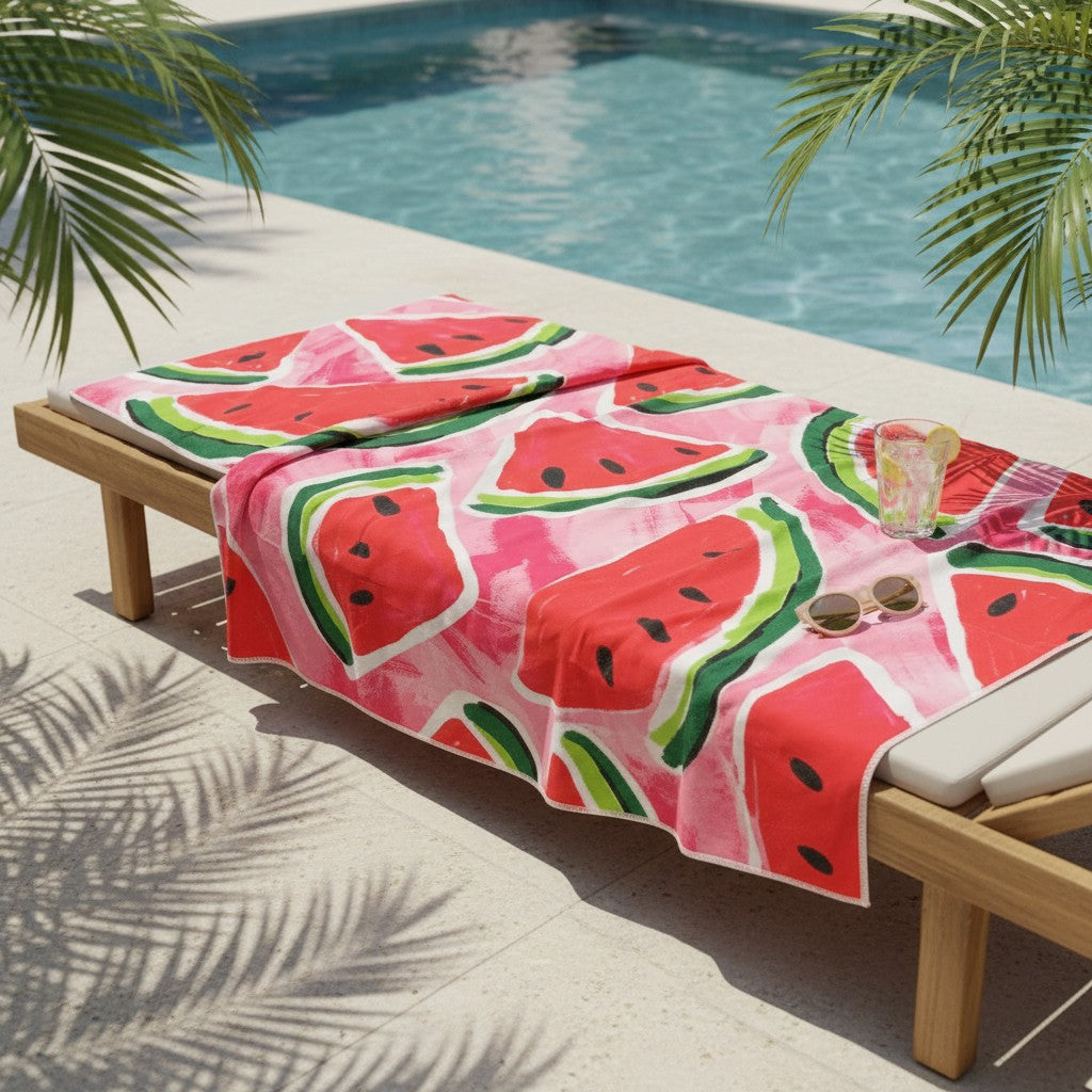 Towel with watermelon design on a lounge chair by a pool