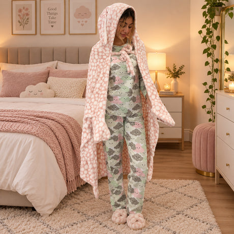 Pink and white dotted fleece wearable blanket worn with the hood up in a bedroom