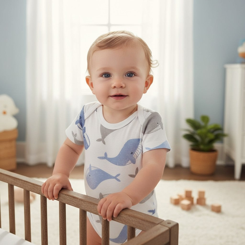 Close view of a white baby bodysuit covered in blue and grey whale prints, worn at a wooden crib