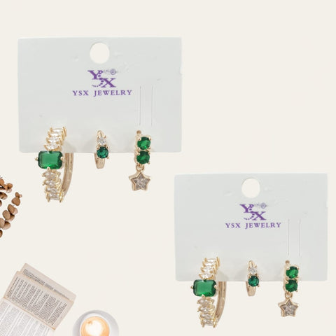 Star and Emerald Hoop Earrings Set