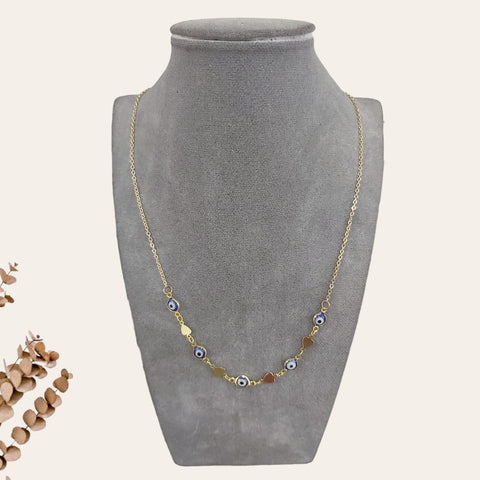 Blue Eye and Hearts Gold Chain Necklace