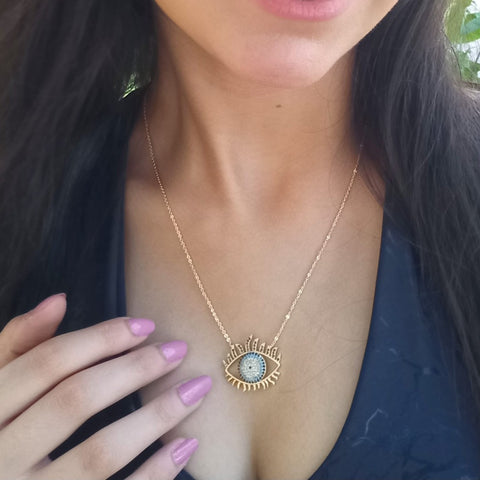Blue Eye Rhinestone Gold Chain Pendant Necklace