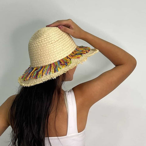 Straw Beach Hat with Colorful Fringe S-142