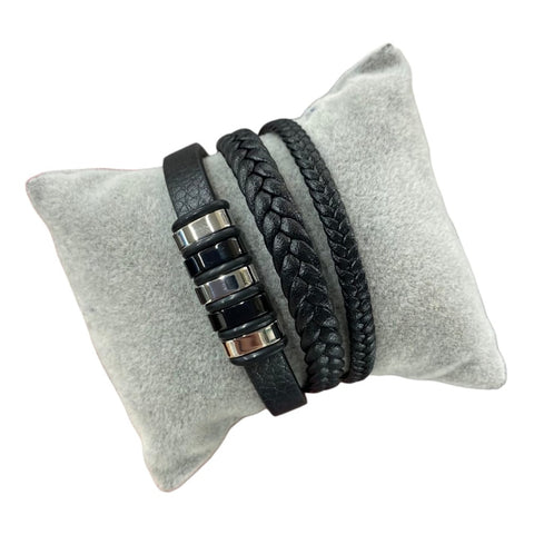Black Braided Leather Bracelet With Square Beads