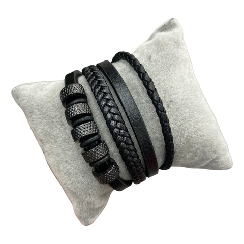 Black Braided Leather Bracelet With Metal Beads