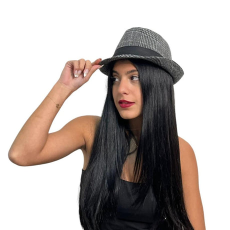 Grey Checkered Fedora Hat 