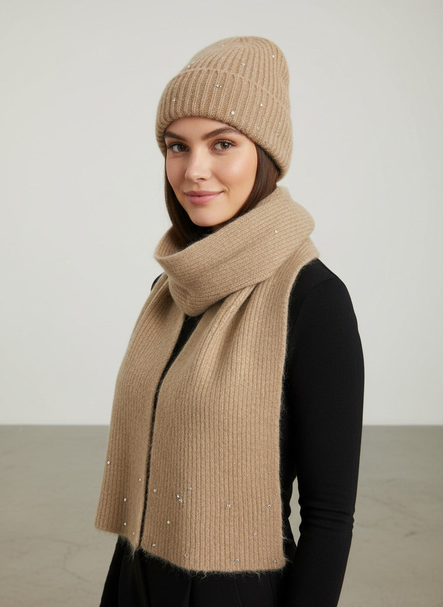 Brown Sparkly Hat and Scarf Set