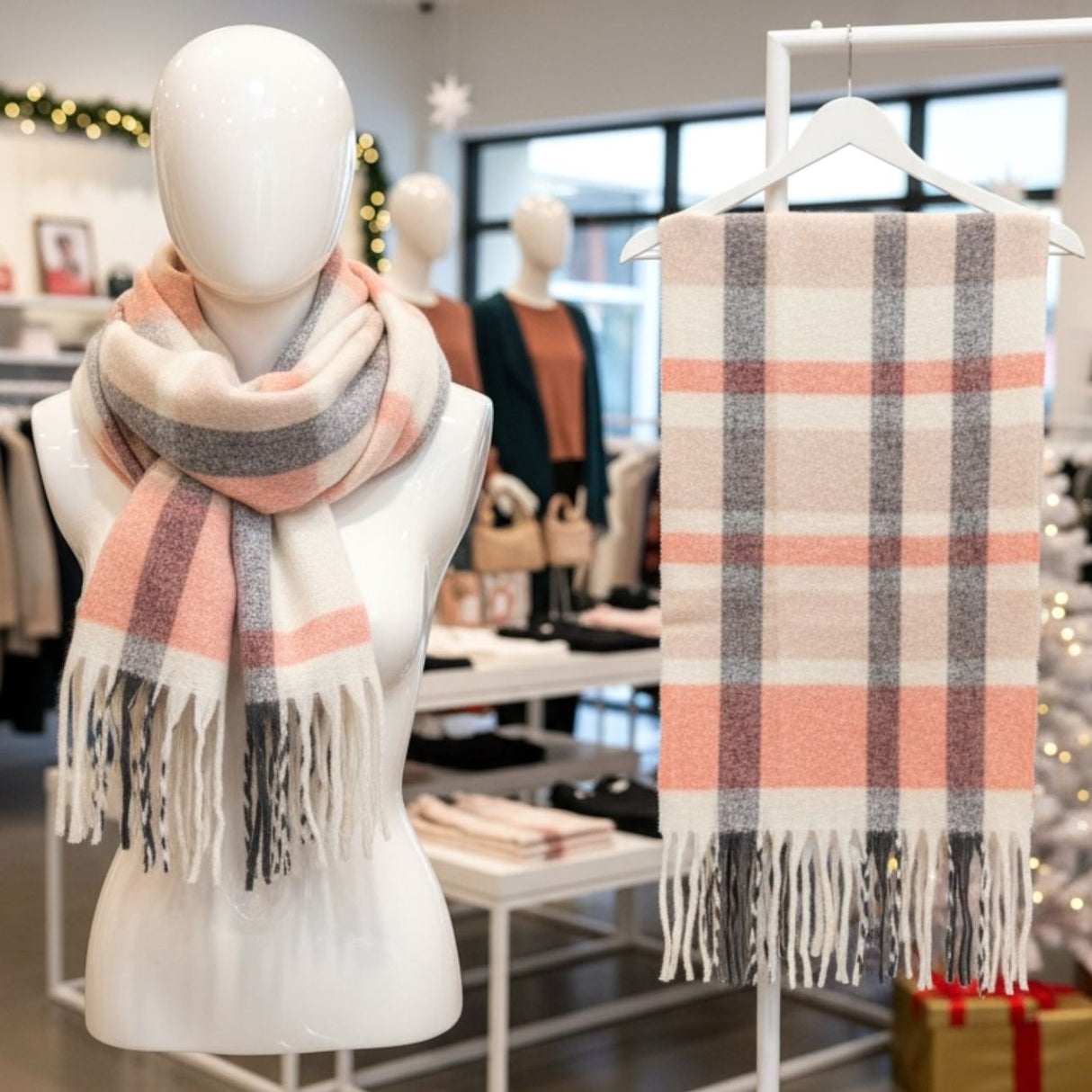 Grey and pink plaid winter scarf