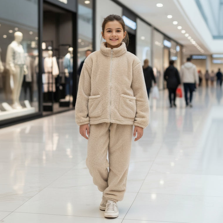 Beige Fleece Hoodie Set