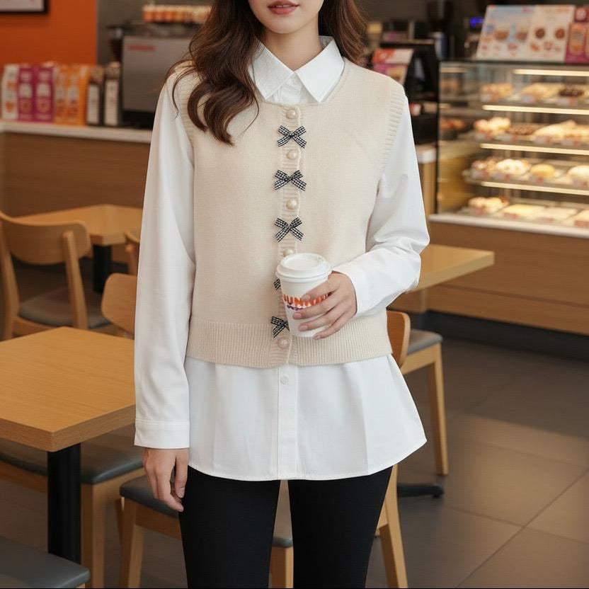 Beige chemise & pullover vest