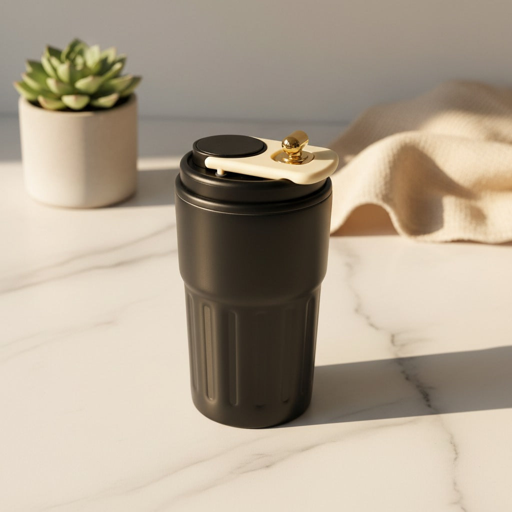 Black travel mug with gold lid on a light surface next to a plant and beige fabric