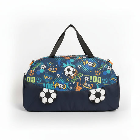 Black handbag with sports-themed design on a white surface in a store setting