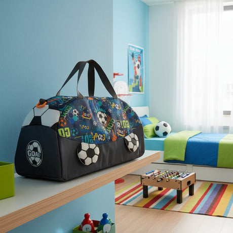 Colorful sports-themed duffel bag in a child's room with soccer ball designs.