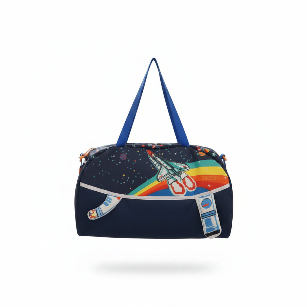 Colorful bag with cartoon designs held by a person in a store setting