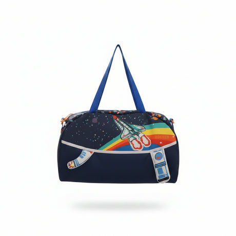 Colorful bag with cartoon designs held by a person in a store setting